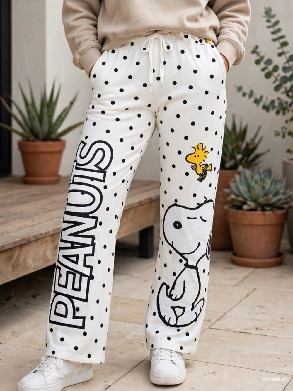 Peanuts White Polka Dot Snoopy wide leg sweatpants - Picture 3 of 5